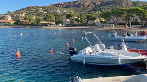 Un puerto deportivo con barcos amarrados, cielo despejado y una colina con edificios al fondo.