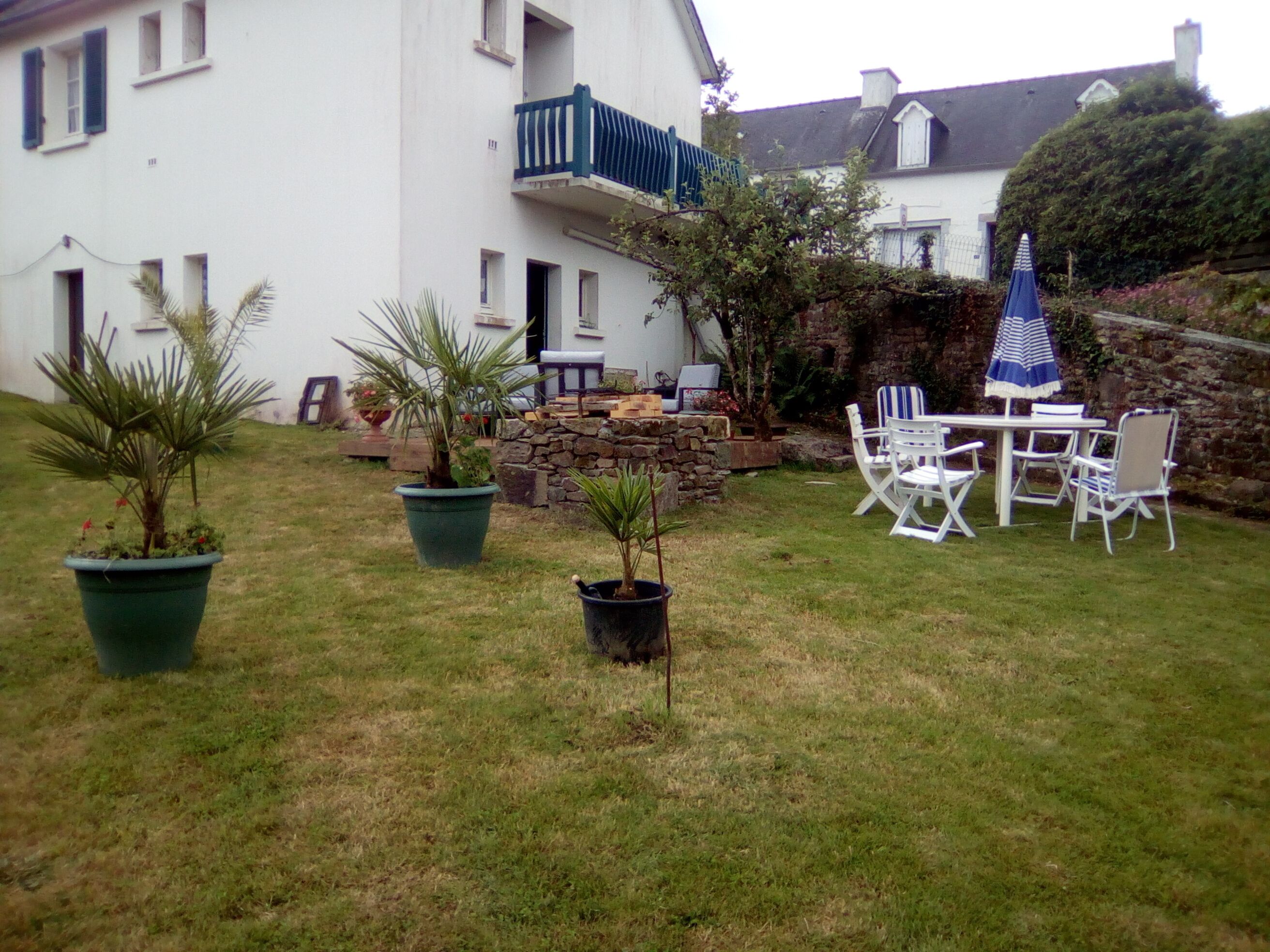A garden with potted plants, a stone wall, and outdoor furniture.