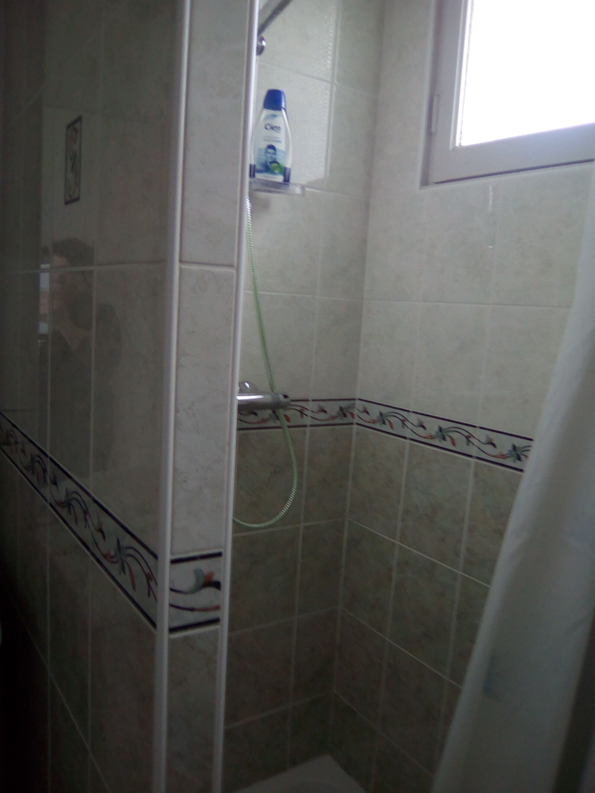 A shower area with tiled walls, a showerhead, and a bottle of liquid soap on a shelf.