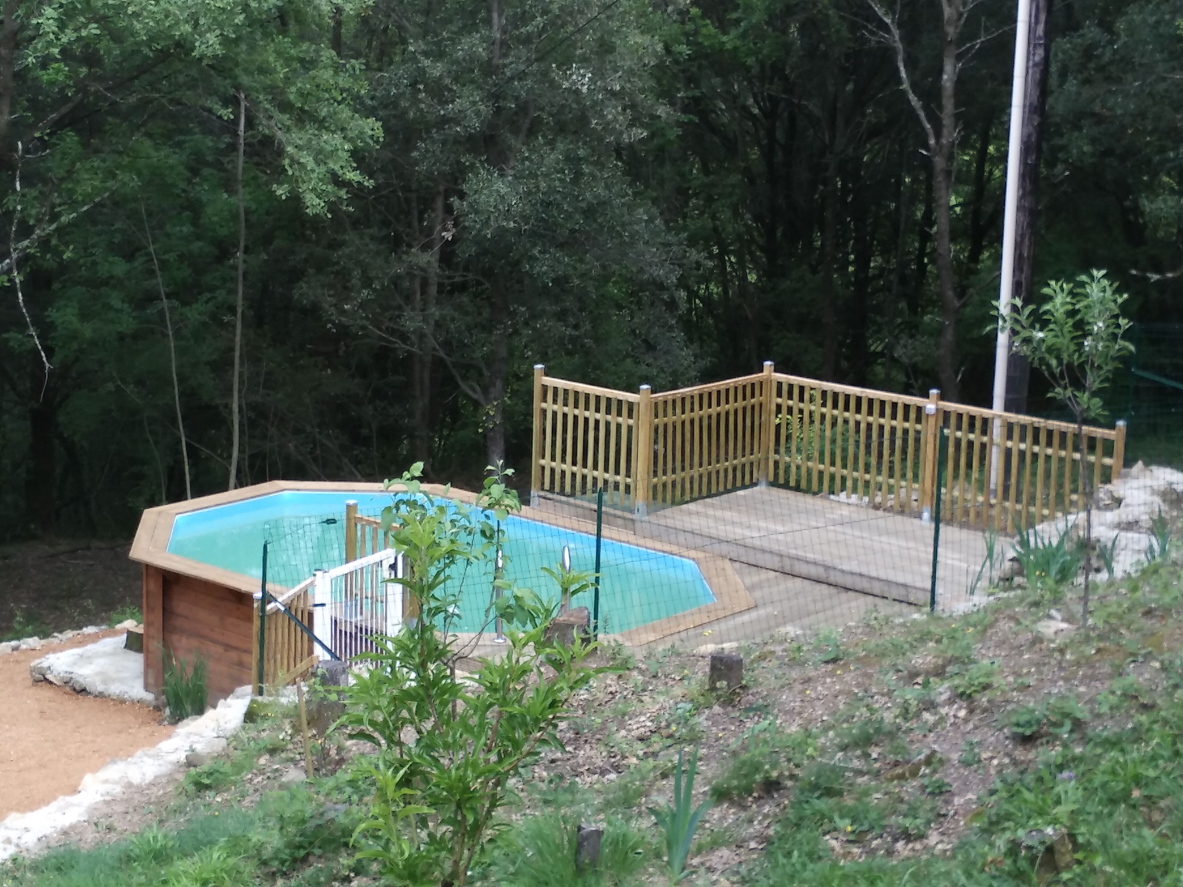 Ein Schwimmbecken mit Holzterrasse und Zaun, umgeben von Bäumen.