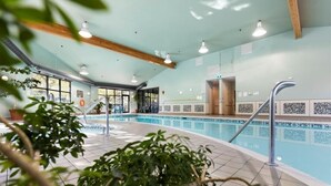 An indoor swimming pool with tiled walls, a wooden ceiling, and potted plants. - 3 bed 2 bath, Wifi, Cable, Pool/Hot Tub, BBQ, Mini Golf, Beach, license#00005785 (Parksville)