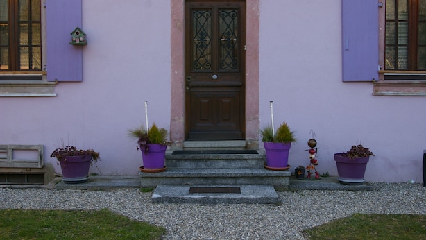 A building with a central entrance, flanked by two windows with shutters, and a door with a decorative iron grille. There are steps leading up to the entrance, and potted plants are placed on either side. - Apartment 6-10 p, quiet, close to resorts and nature, Wifi, cleaning and sheets included (Fellering)