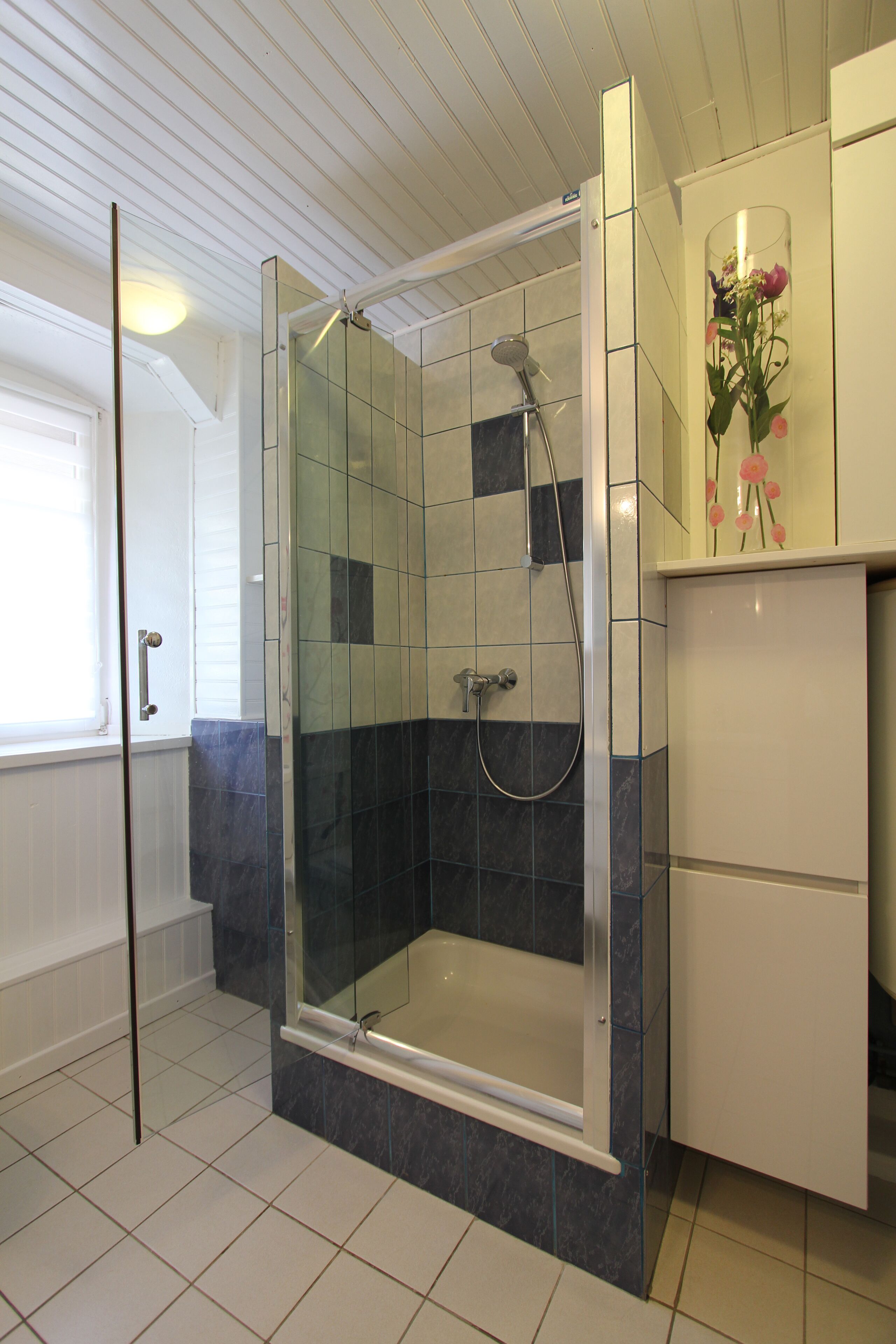 Douche, séchoir à cheveux, serviettes fournies, savon