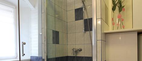 Douche, séchoir à cheveux, serviettes fournies, savon