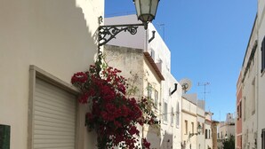 Une ruelle étroite pavée de pierres, bordée de bâtiments blancs, avec un bougainvillier rouge en pot et un lampadaire.