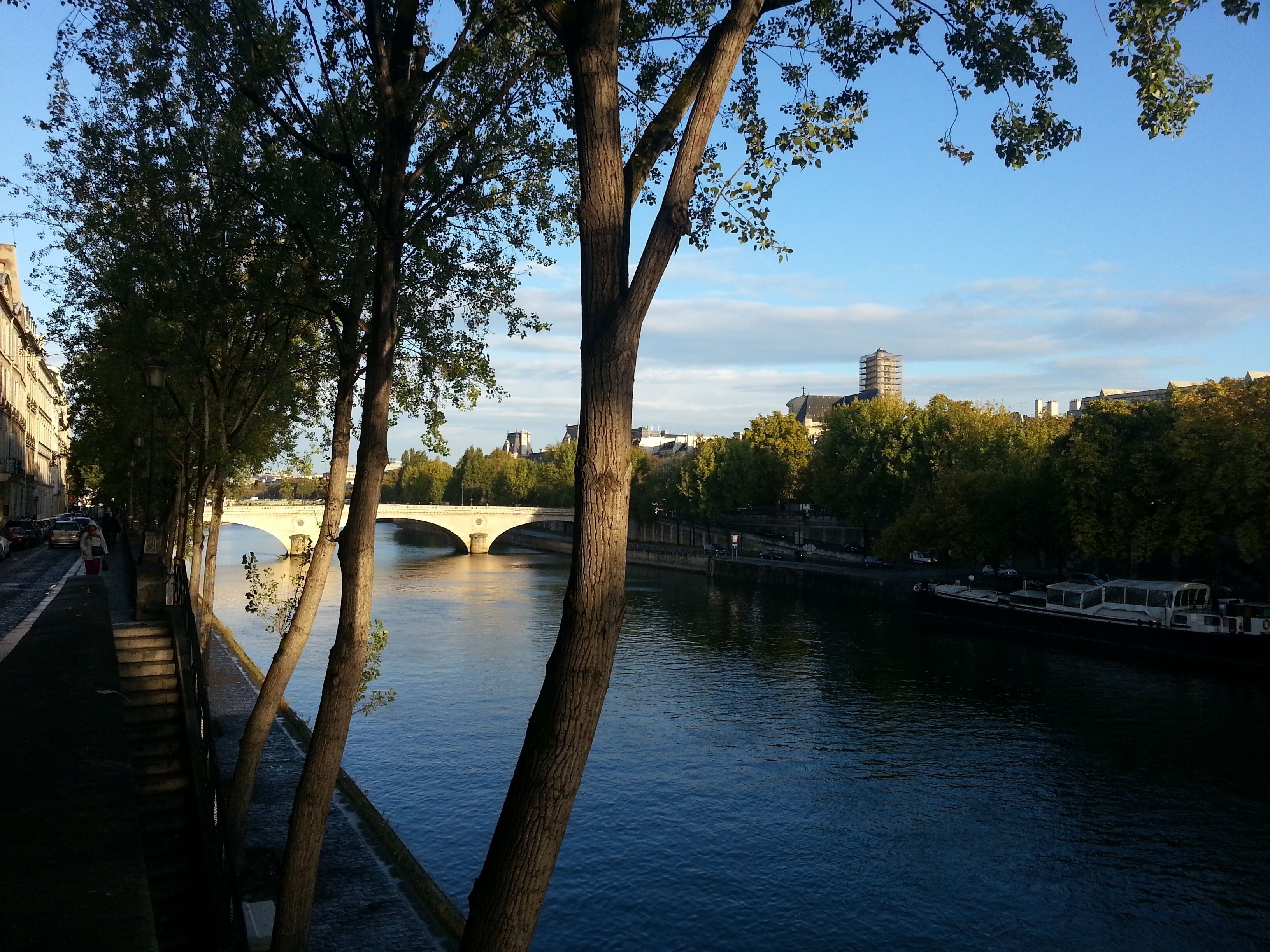 A river with a stone bridge, trees, and buildings in the background.