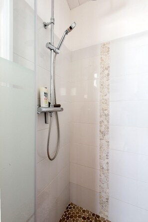 Douche, séchoir à cheveux, serviettes fournies, savon
