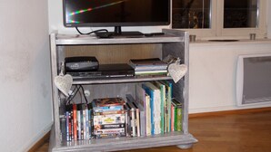 En reol med DVD'er og bøger, et fjernsyn ovenpå samt et vindue med skodder i baggrunden.