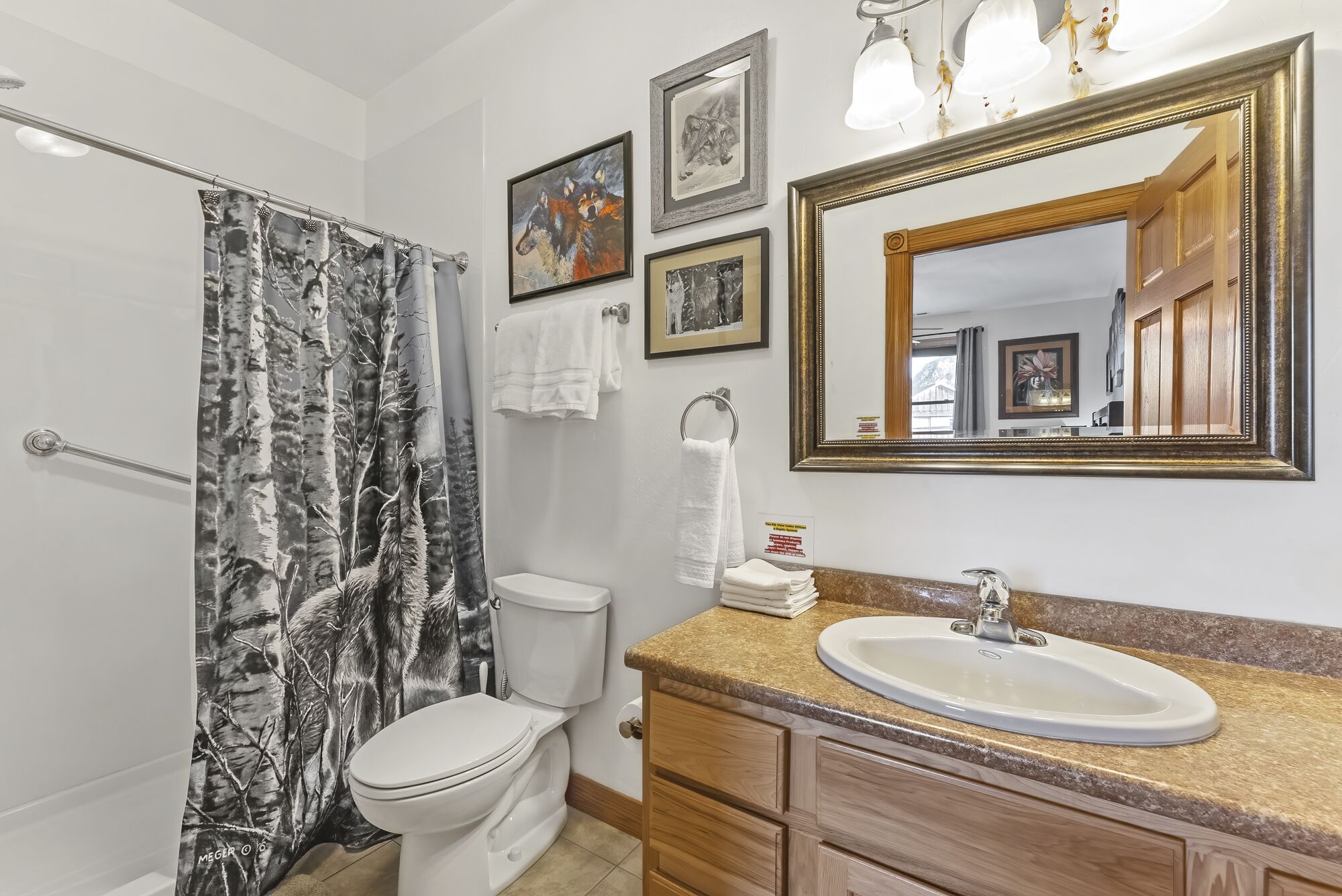Une salle de bain avec un rideau de douche, des toilettes, un lavabo, un meuble-lavabo et un grand miroir.