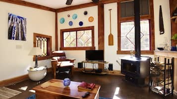 Smart TV, chimenea, reproductor de DVD y libros