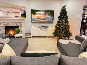 Smart TV, fireplace, video game console, DVD player