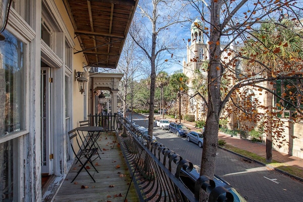 View out onto Monterrey square and the historic Congregation Mickve Israel.