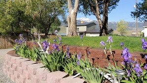 Un jardín con flores moradas, un muro de ladrillo y una casa con vistas a la montaña al fondo.