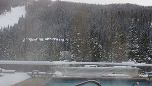 Un espace piscine entouré de paysages enneigés, avec une vue sur une montagne boisée.