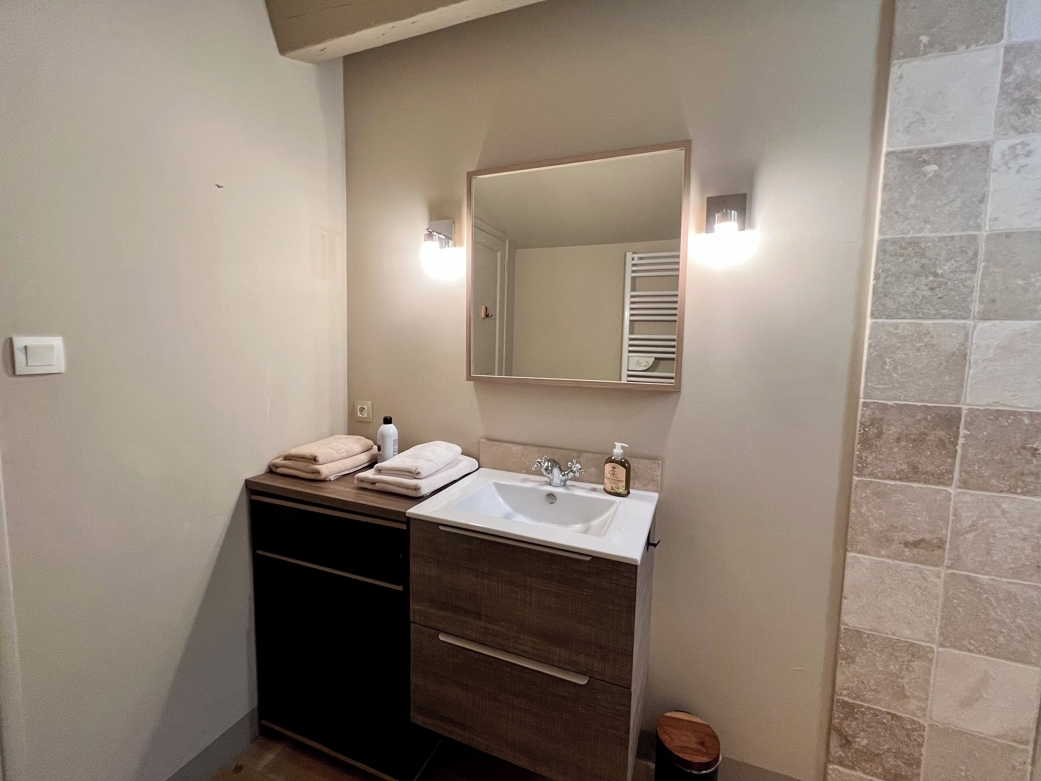 Ein Badezimmer mit Waschbecken, Spiegel, Handtuchhalter und einer kleinen Mülltonne.