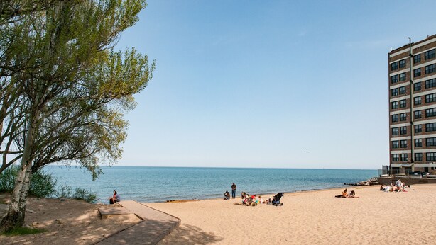 Una playa con un paseo marítimo de madera, un árbol y un edificio al fondo.