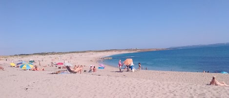 On the beach, sun-loungers