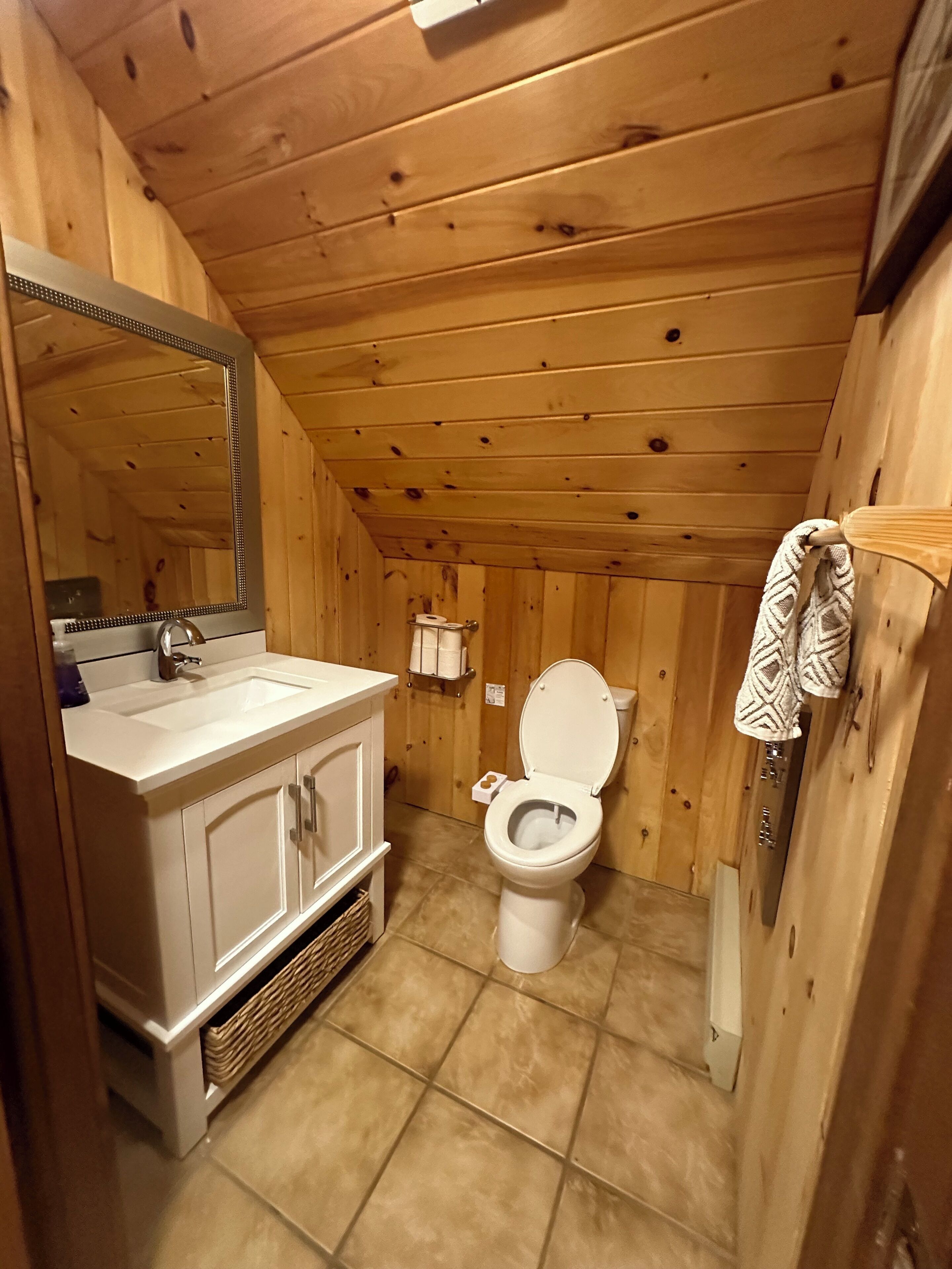 Bagno di una baita in legno con lavandino, specchio, water e portasciugamani.