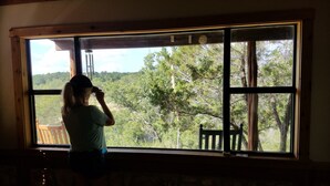A person standing by a large window with a view of trees and hills. - Secluded Waterfront Cabin- Canoe, Fish, Swim & Stargaze near Pedernales Falls (Dripping Springs)