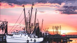 Ein Hafen mit mehreren Fischerbooten, die an einem Steg im Sonnenuntergang liegen.