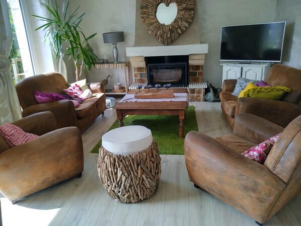 TV, fireplace, DVD player, books