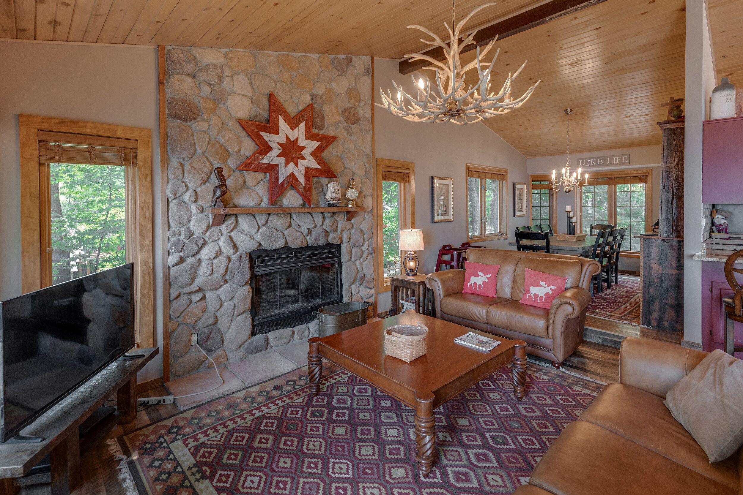 Smart TV, fireplace, video games, DVD player