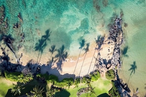 An aerial view of a beach with clear turquoise water, palm trees, and a sandy shore.