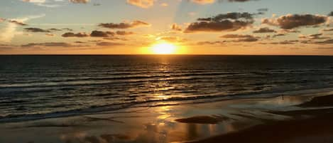 On the beach, sun loungers, beach towels