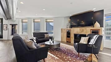 TV, fireplace, offices