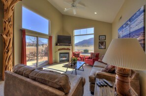 Smart TV, fireplace, DVD player, books