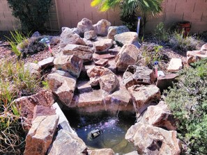 A rock garden with a water feature and various plants.