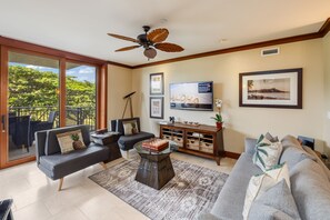 Smart TV, DVD player, books, music library