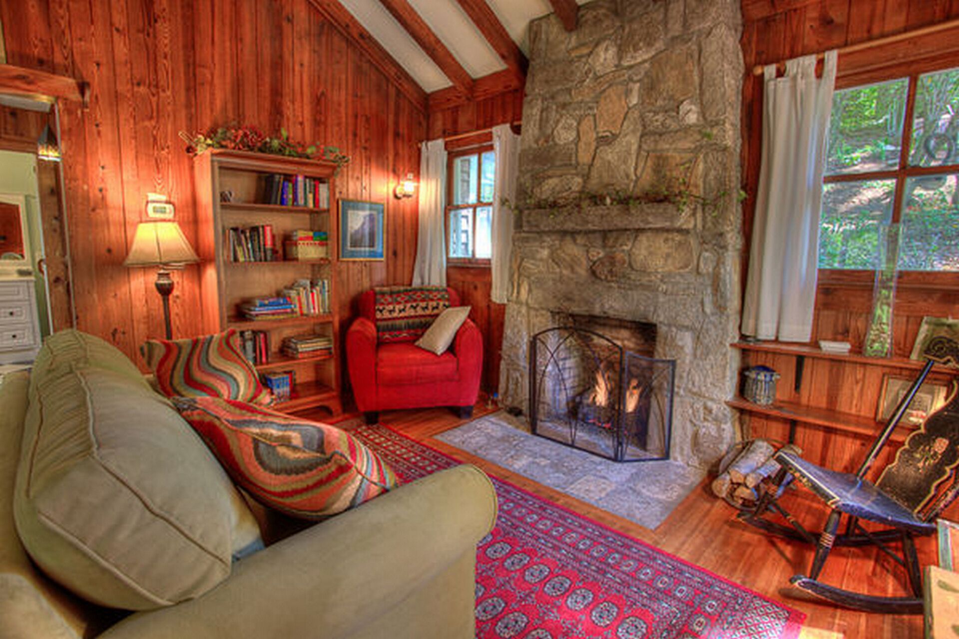 TV connectée, cheminée, livres, chaîne hi-fi