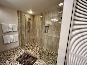 Combined shower/tub, hair dryer, towels, soap