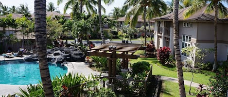 A resort with a swimming pool, palm trees, and a well-maintained garden.