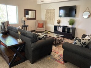 Smart TV, DVD player, books, video library