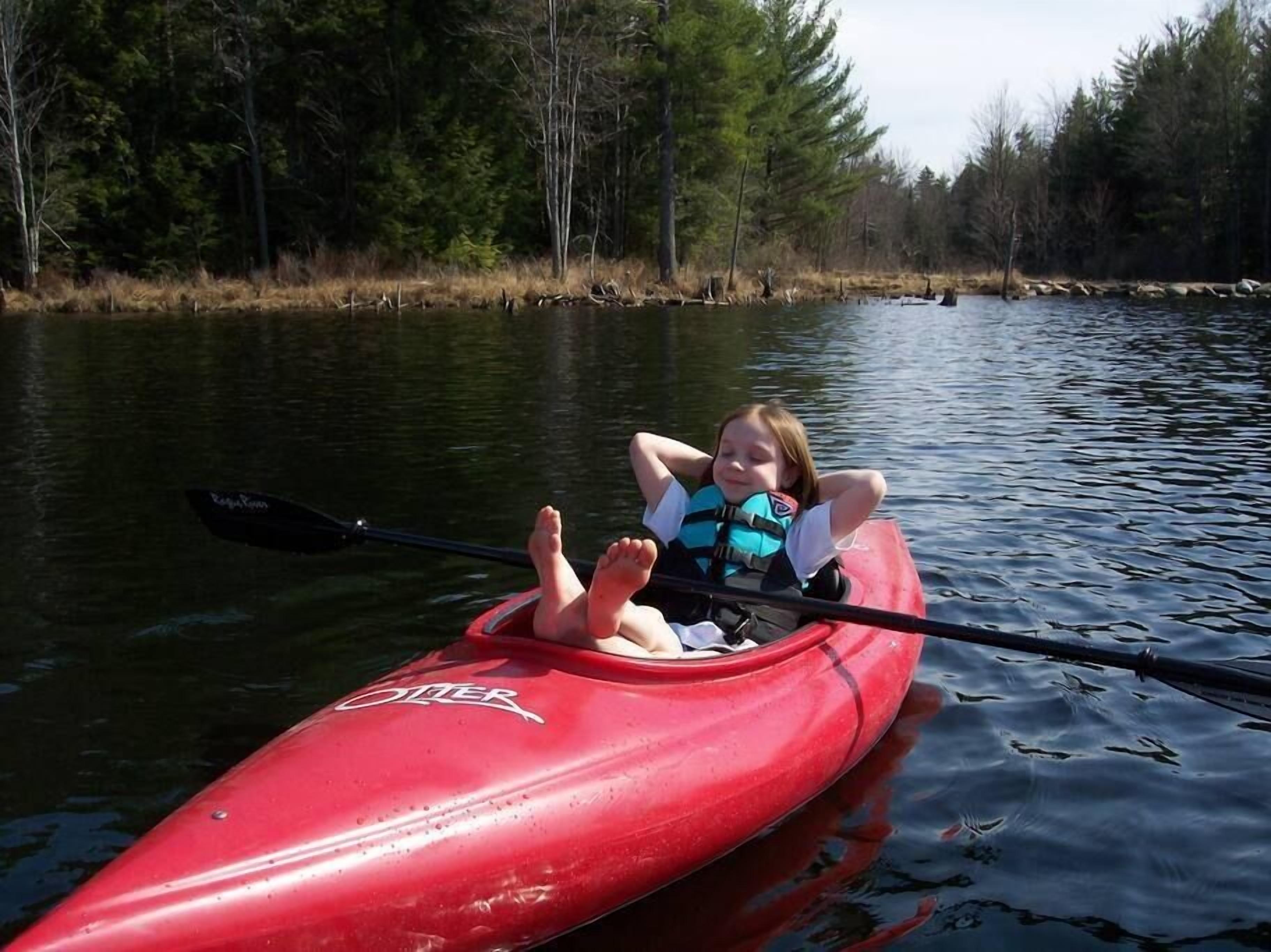 A person in a red kayak on a calm body of water surrounded by trees.