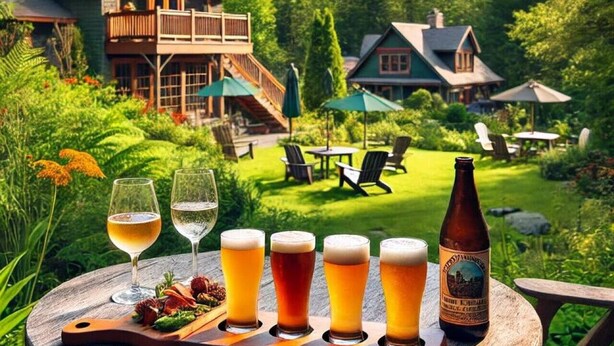 A wooden table with a bottle and glasses of beer, set against a backdrop of a house with a balcony and a mountain view. - The Lily Pad at Loon Lake near Gore Mountain (Chestertown)