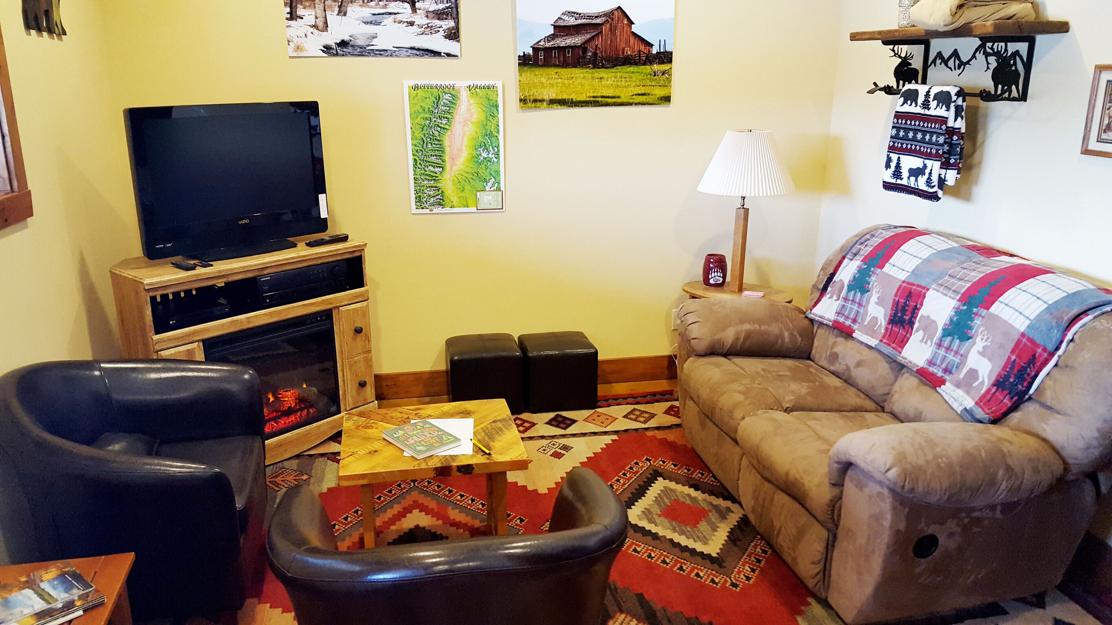 Smart TV, fireplace, DVD player, video library