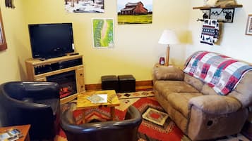 Smart TV, fireplace, DVD player, video library