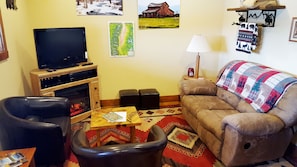 Een smart-tv, een open haard, een dvd-speler en een filmbibliotheek