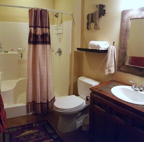 Ducha, secador de pelo, toallas, jabón