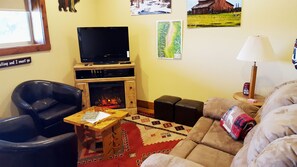 Smart TV, chimenea, reproductor de DVD, videoteca