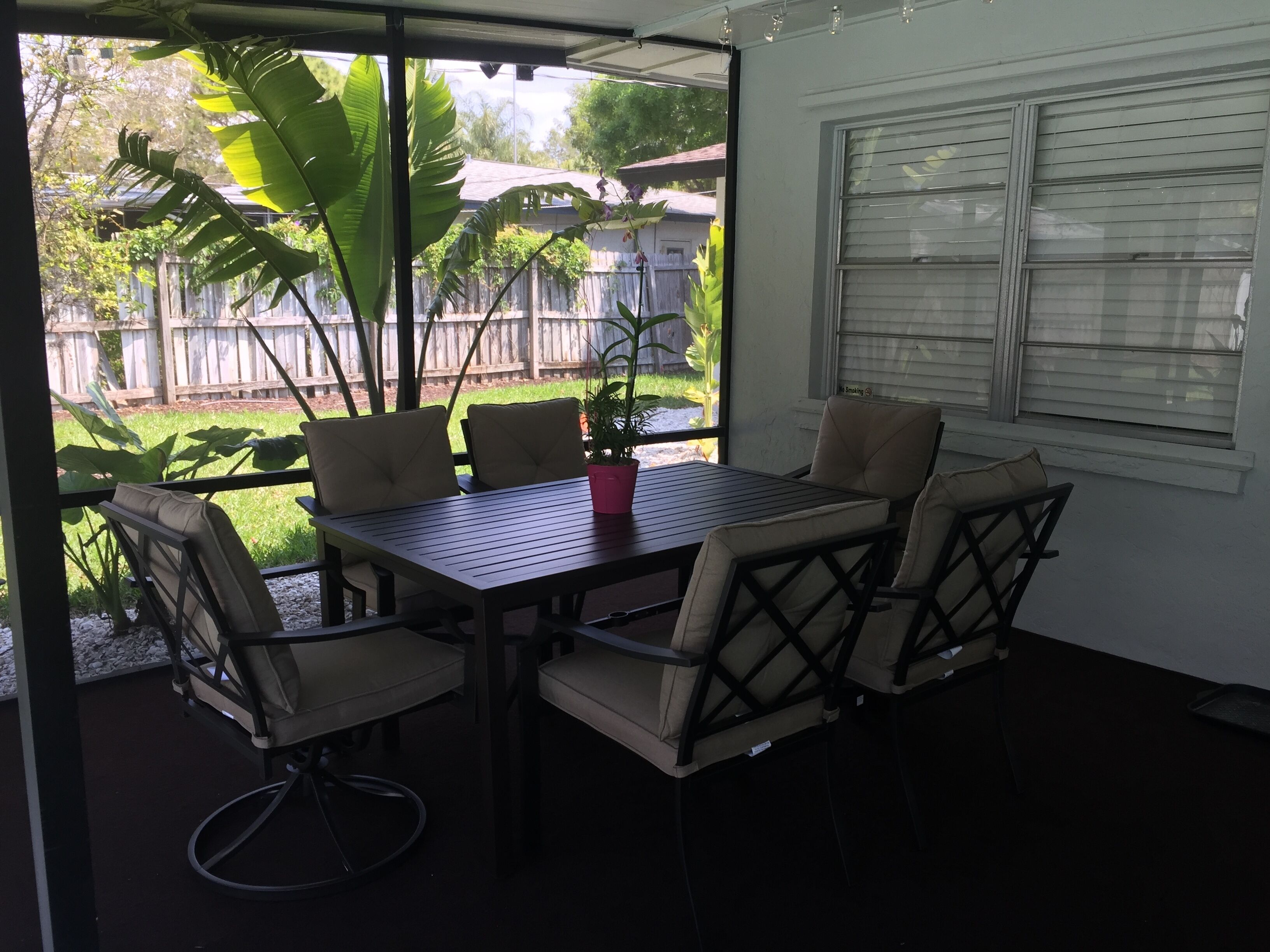 A patio with a table and chairs, a potted plant, and a view of a backyard with a wooden fence and greenery.