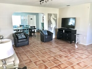 Smart TV, DVD player, video library, stereo