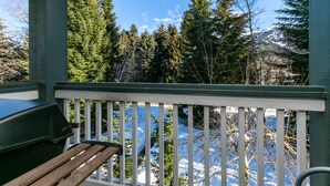 A wooden deck with a grill and bench, overlooking a snowy landscape with trees and mountains.