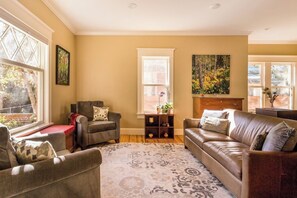 Smart TV, fireplace, books