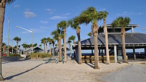 Un paseo marítimo bordeado de palmeras, un pabellón techado y vista al océano.