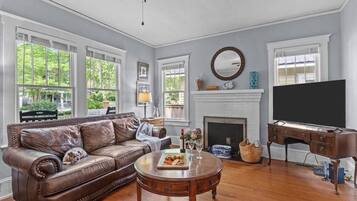 TV, fireplace, books