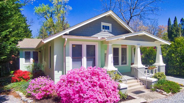 A two-story house with a covered porch, a front entrance with steps, and a mailbox. - Bramley House: 3 Blk. Walk to DWTN Hendersonville-Lovingly Restored (Hendersonville)